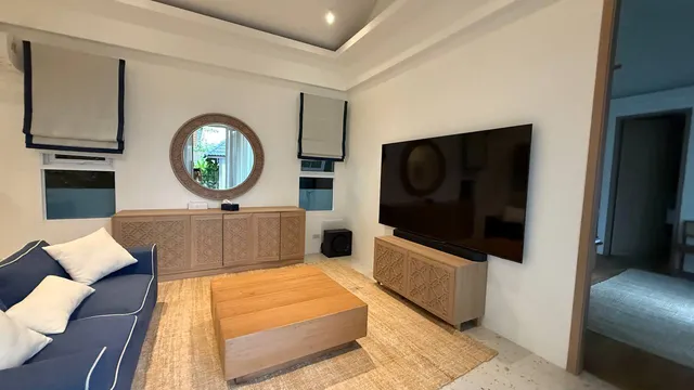 The living room: sofa and TV wall
