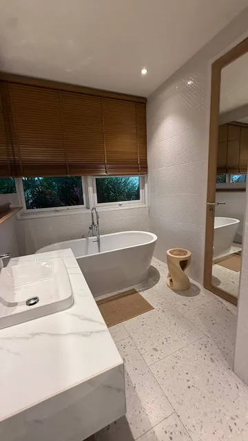 The master bathroom: free-standing bathtub